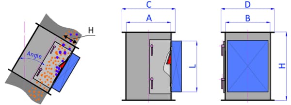 Схема с размерами трубного магнитного уловителя самотека прямоугольного сечения